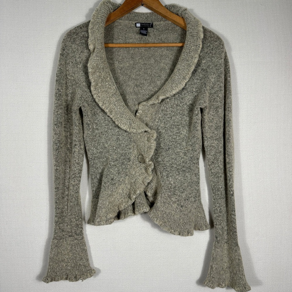 Carole Little Cardigan Sweater Womens Small Gray Ruffle Bell Sleeve Knit